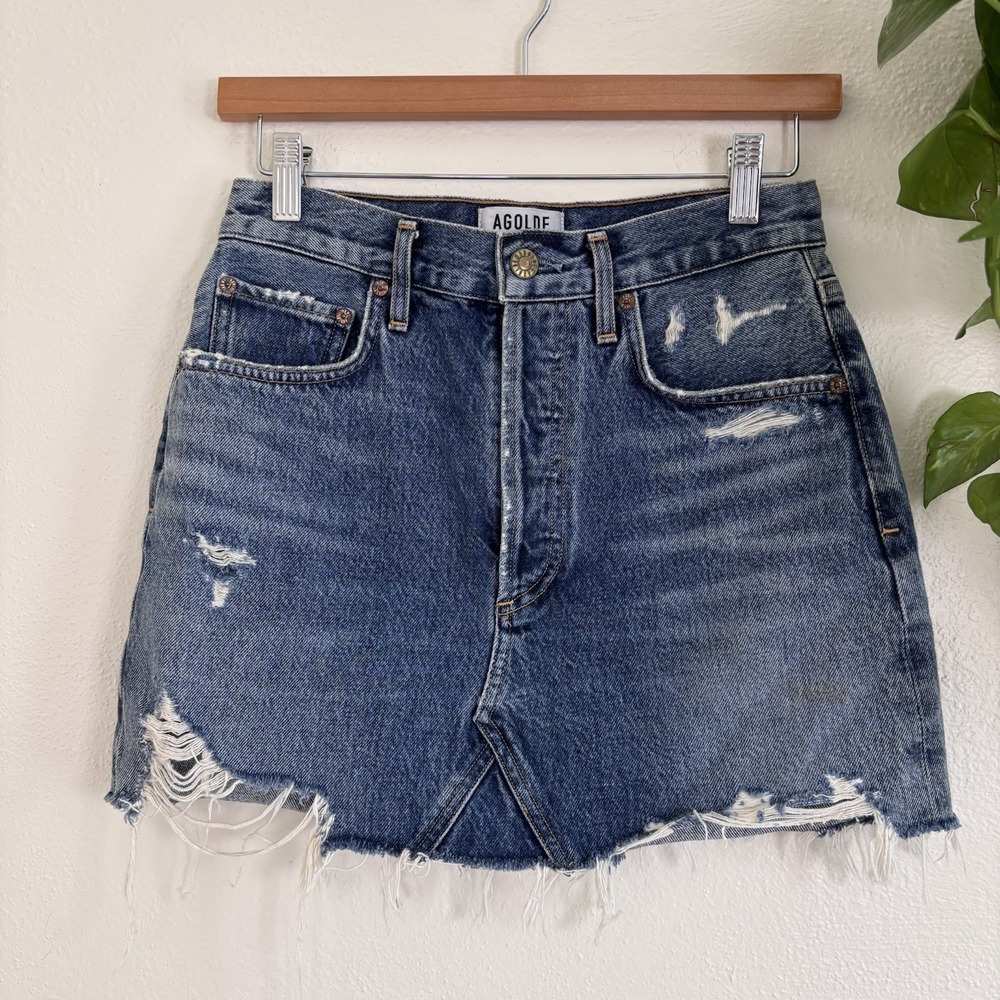 AGOLDE Quinn High-Rise Denim Mini Skirt Button Fly Women's Size 25 Distressed